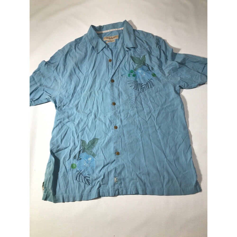 Tommy Bahama Mens Shirt Blue XL Silk Hawaiian Aloha Blue Embroidered Button Down